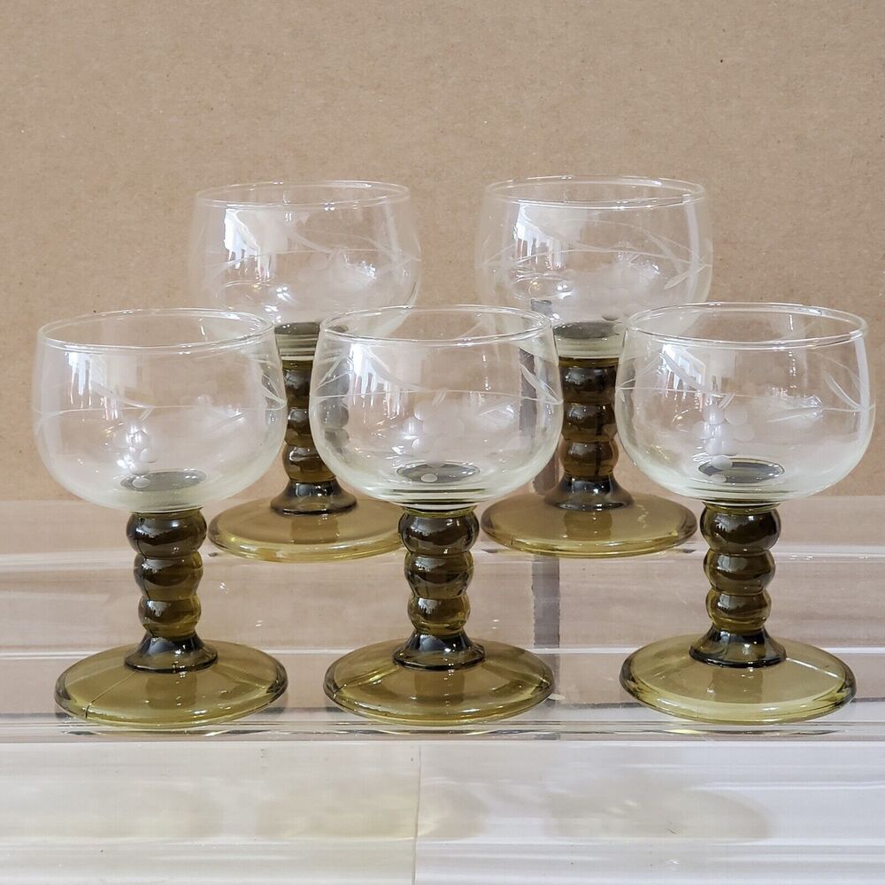70s‎ Roemer Austrian Small Wine Glasses x 5 Etched Grape Leaf Design Cordial MCM